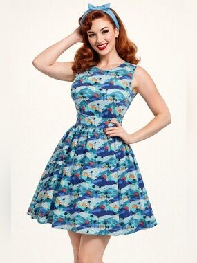 Emily & Fin Scenic Print Sleeveless Fit & Flare Dress Summer Travel  Retro